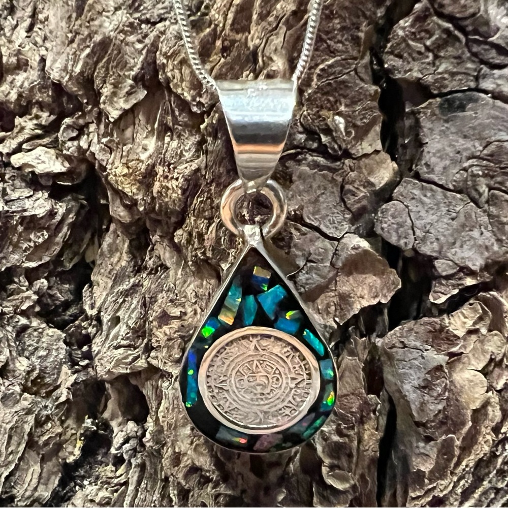 Mexico 925 Silver Blue Opal Necklace Aztec Calendar Pendant Black Enamel 19”